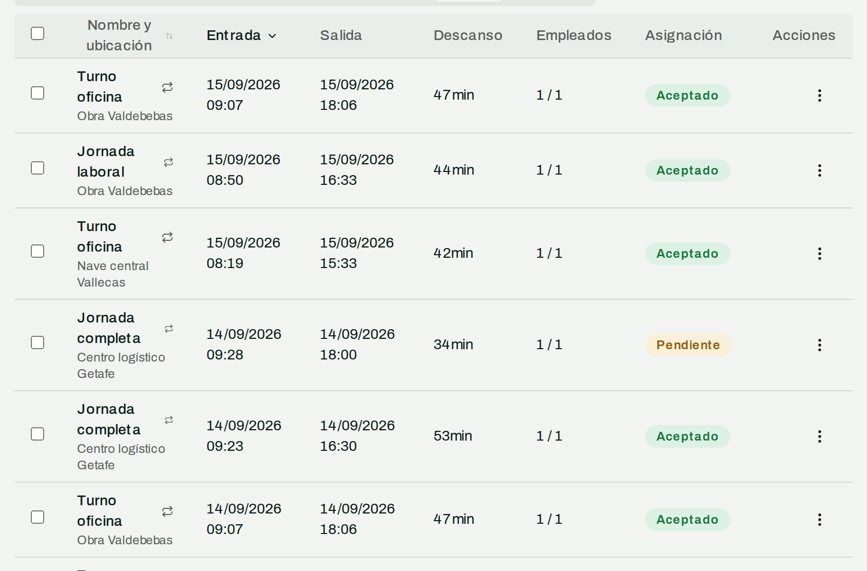 Listado de turnos con su centro de trabajo, su horario y el estado de la asignación: aceptado o pendiente.