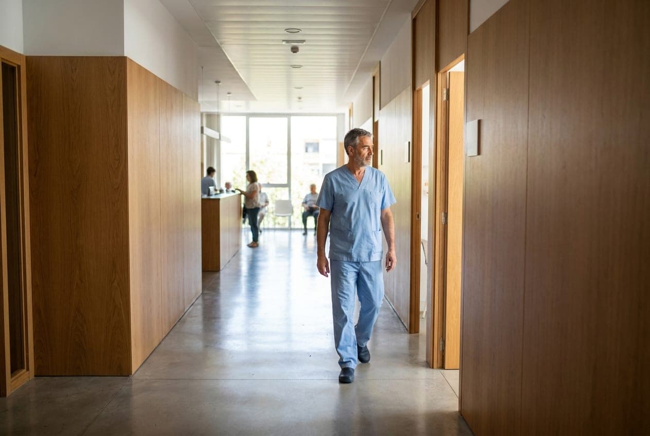 Auxiliar sanitario con uniforme recorriendo el pasillo de una clínica.