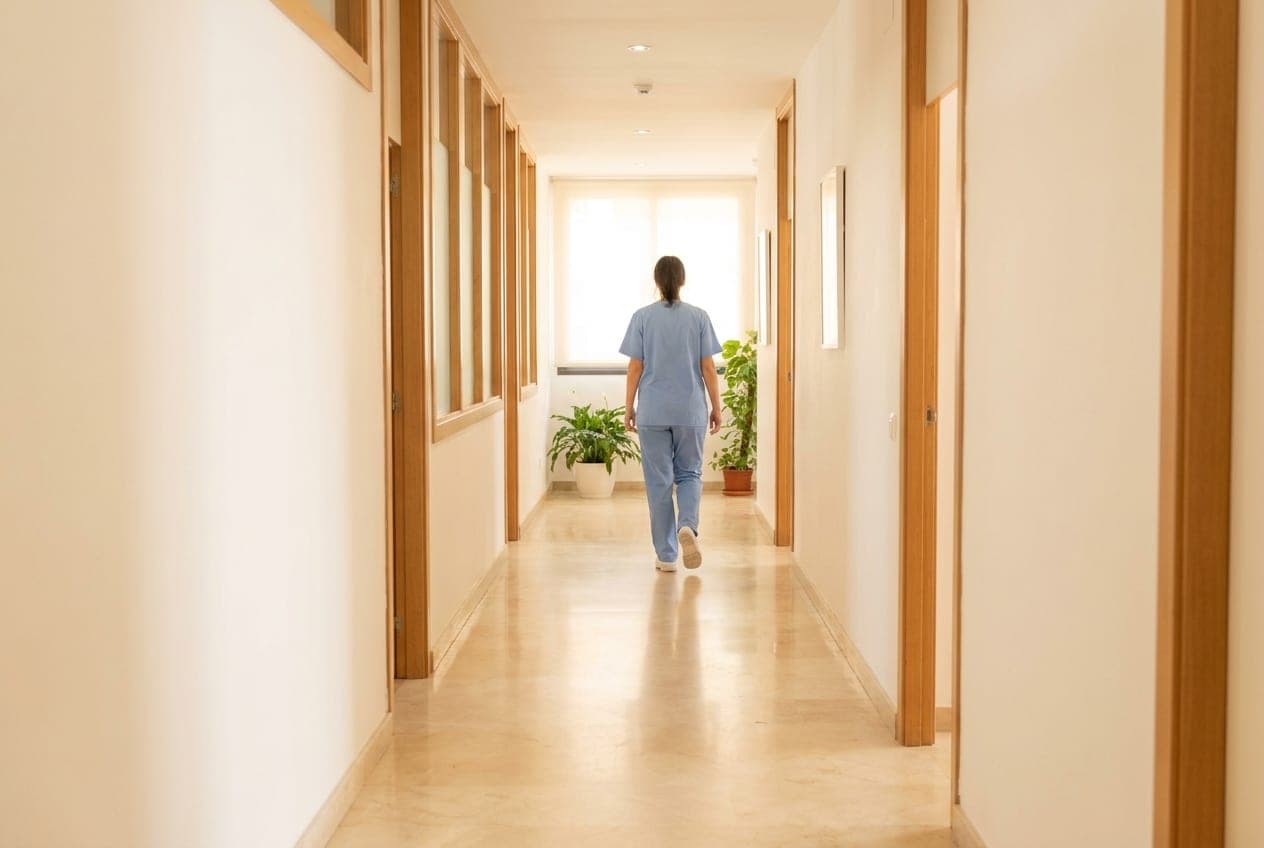 Pasillo de un centro sanitario con una profesional con uniforme caminando al fondo.